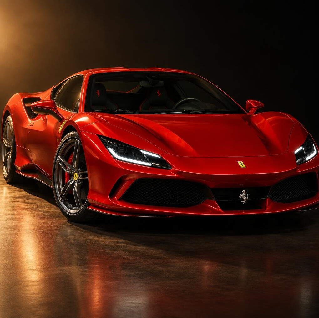 Red Ferrari supercar front view in studio light