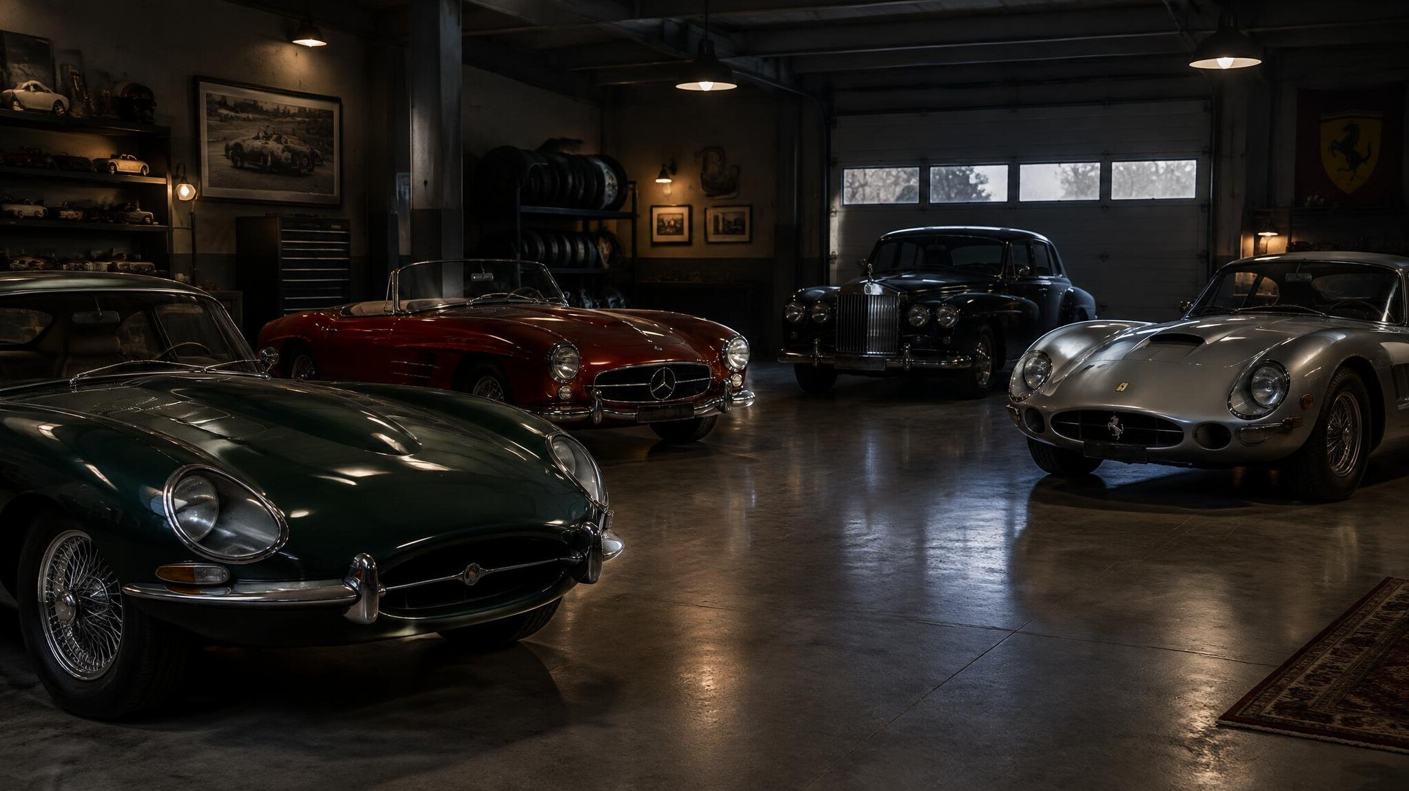 Dim private garage with vintage cars under soft light