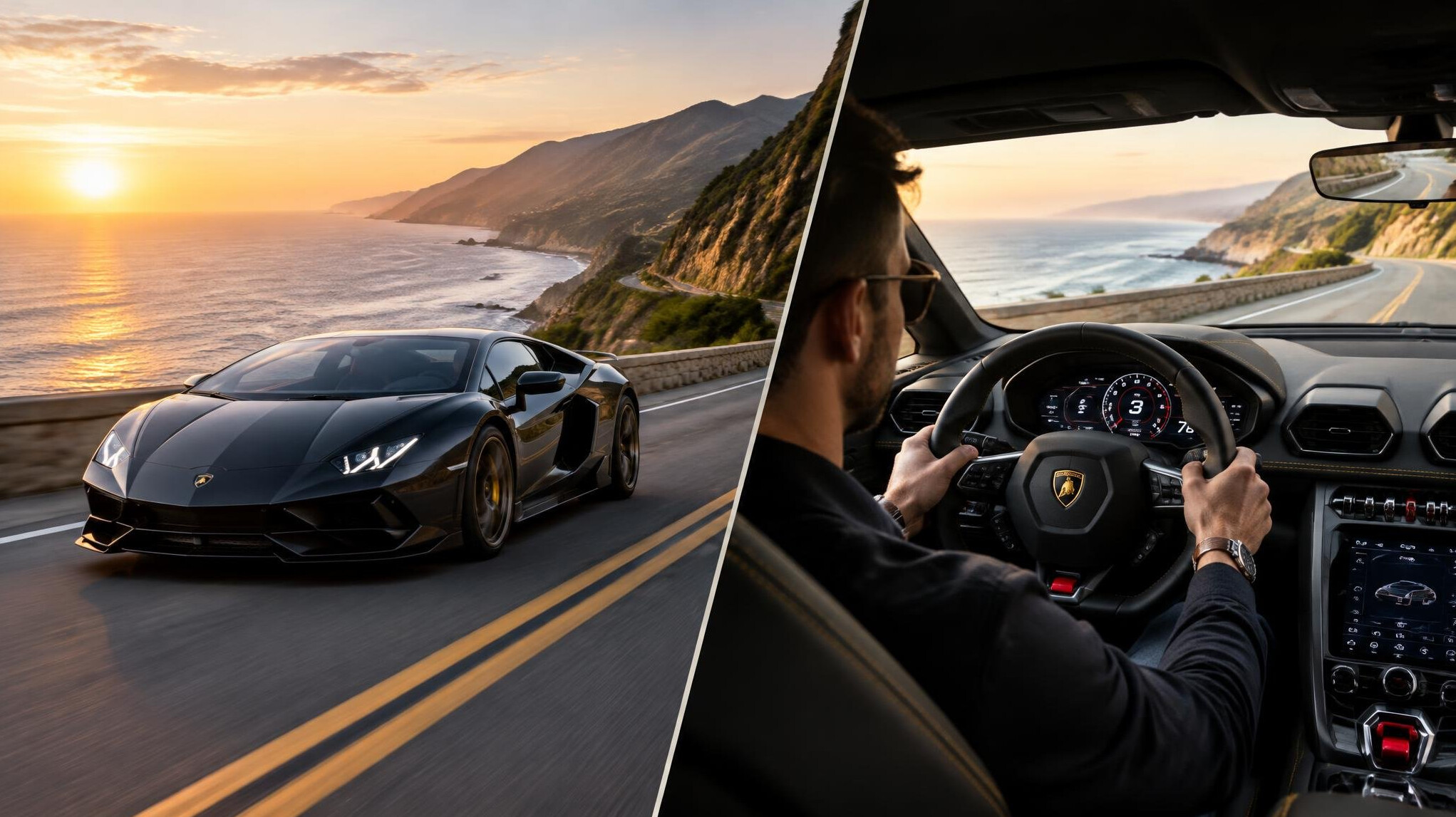 luxury car driving on scenic road