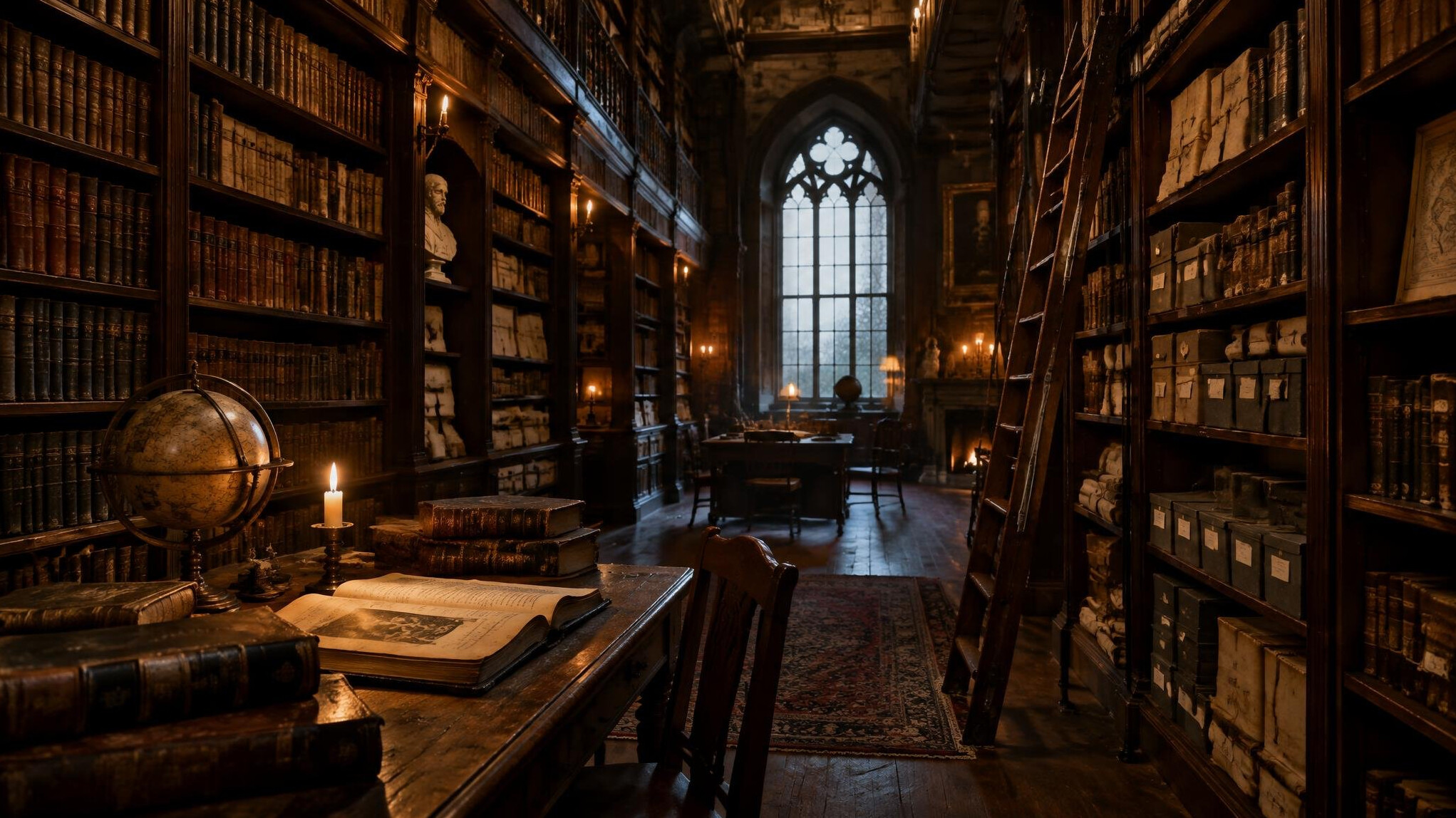Old library with tall wooden shelves full of books