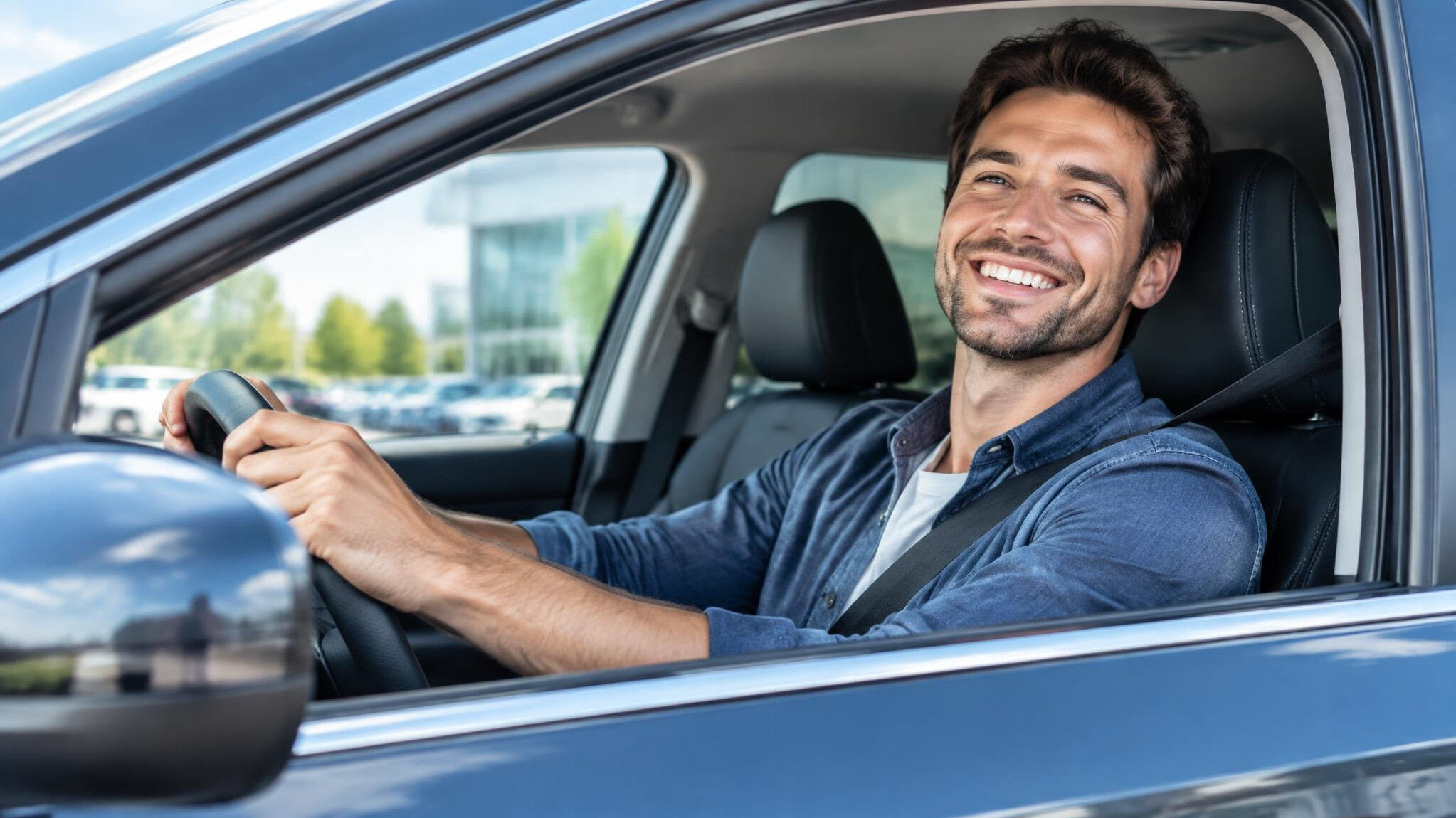 happy driver in new car